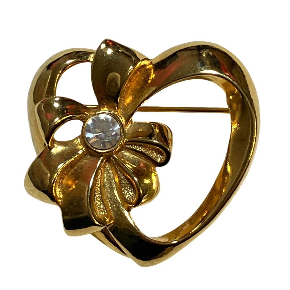 Avon Gold Tone Heart and Flower Brooch Pin With Rhinestone Accent